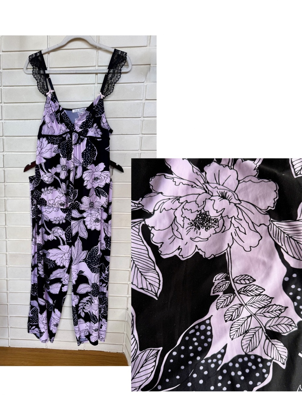 Linea Donatella Floral PJ Set * Size L * Y2K Lace Trim Cami Pants Lavender Black
